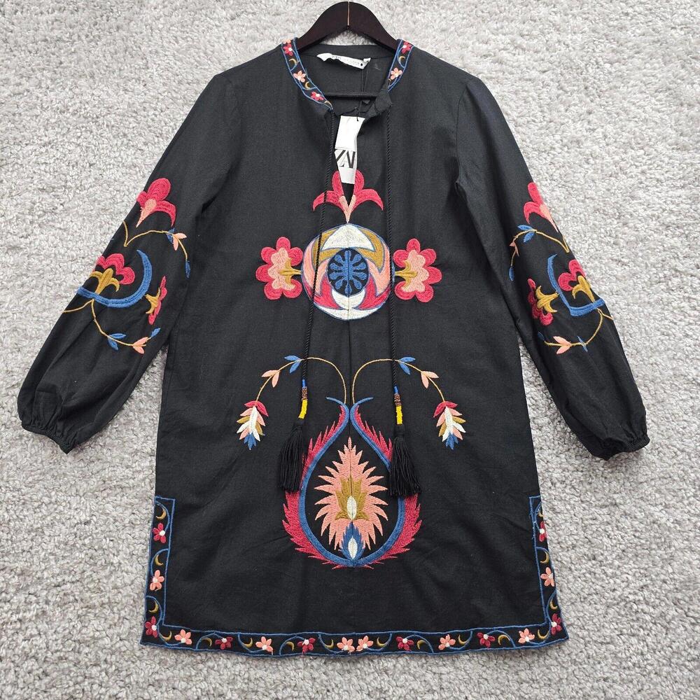 Zara Dress, Black Embroidered Long Sleeve Boho Festival NWT